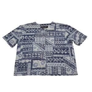 Katelyn Rose Shirt Womens 1X Blue Button Up Short Sleeve Crew Neck Blouse